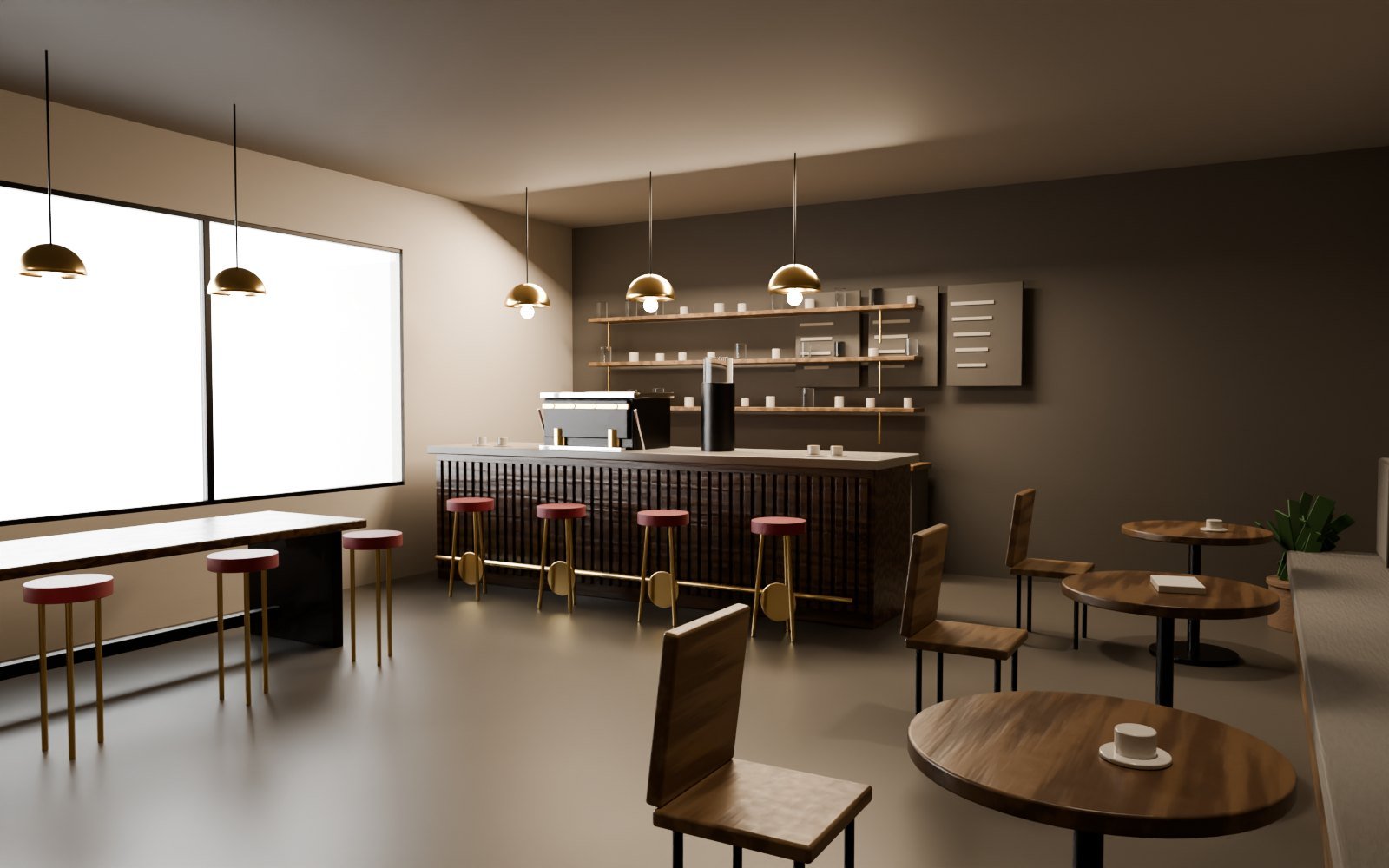 Ray-traced view of a café interior: timber bar, terrazzo counter, brass pendants and seating