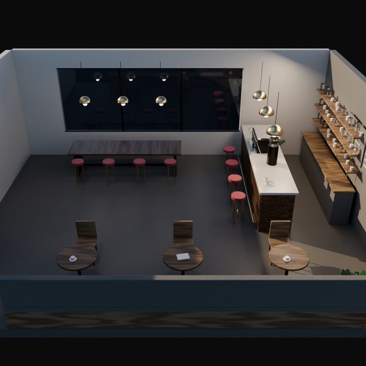 Ray-traced view of the café model, ready to be rotated